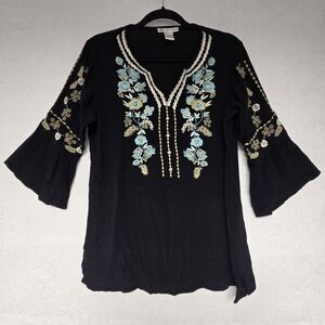 Bohemian Black Floral Embroidered Tunic Blouse Women Small Artsy Shirt Boho Flow